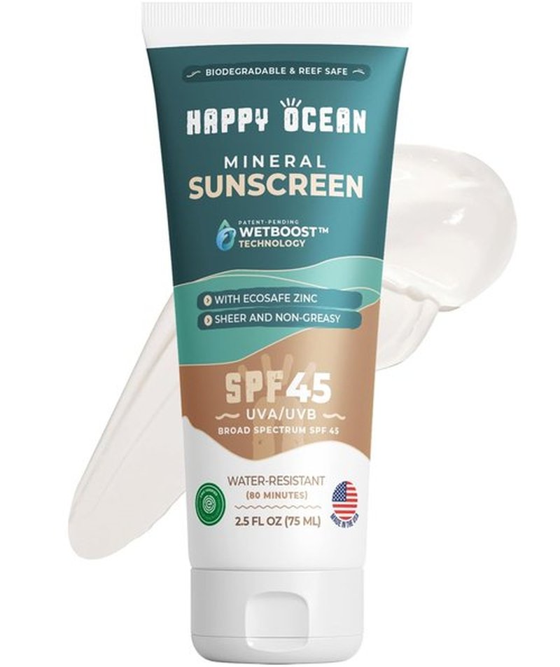 Happy Ocean SPF 45 Mineral Sunscreen with Non-Nano Zinc Oxide for Face and Body - 2.5 Fl oz, Non-Greasy, Reef Safe Biodegradable Sunscreen, Travel Size, Water Resistant - Original