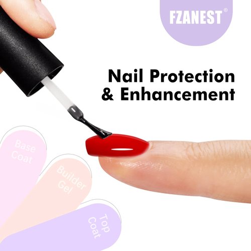 FZANEST Hema-free Builder with Gel Top and Base Coat, 15ml 3Pcs Gel Nail Kit for Nail Thickening Apex Building Extension Long Lasting Nail Protection Soak Off Led UV Glossy Gel