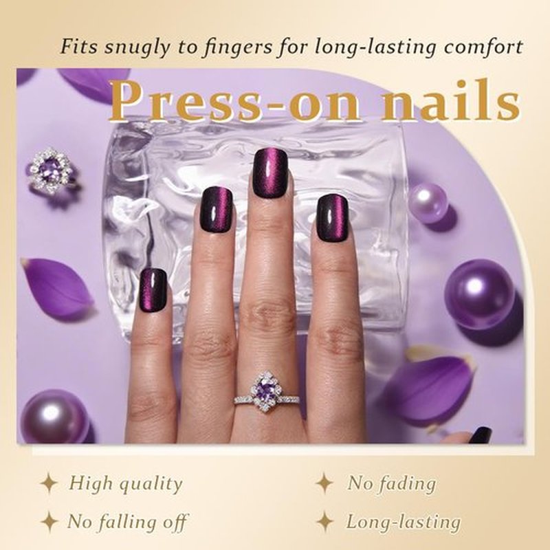 evpct Dark Purple Cat Eye Extra Short Square Press on Nails, Petite Short Square Stick on Nails for Women Gift, Holographic Chrome Glossy Fake Nail, Reusable Soft Press on Acrylic Nail with Designs
