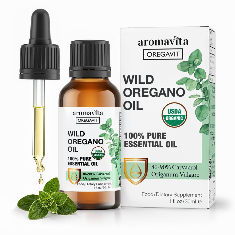 AROMAVITA Wild Oregano Oil Organic - 100% Pure Undiluted Organic Wild Oregano Oil with 86-90% Carvacrol, Immune Support - Plant-Based, Herbal Supplement - Vegan, Non GMO, Gluten Free, 1fl.oz/30ml