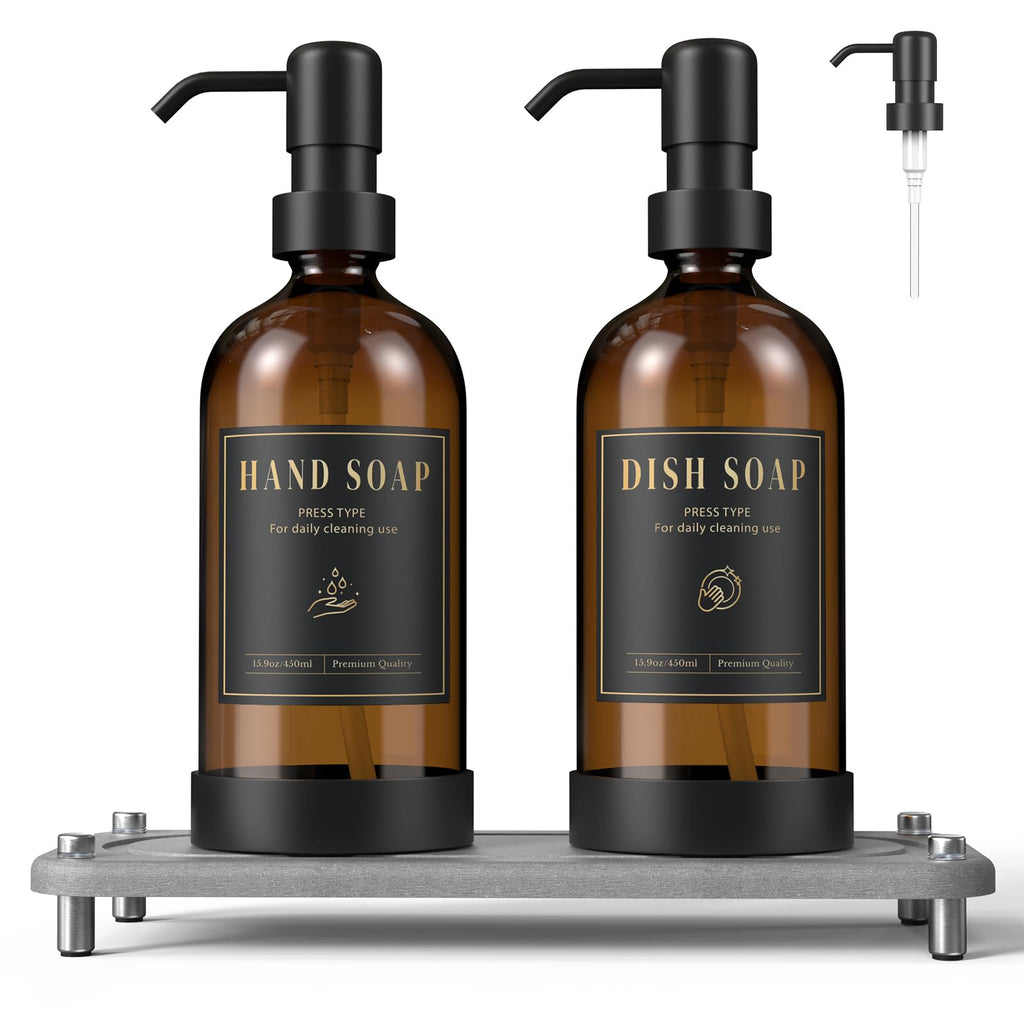 Luxspire Soap Dispenser Set, Hand Soap Dispensers with Fast Drying Tray, 17 oz Glass Refillable Liquid Bottle for Bathroom & Kitchen, Kitchen, 2 Pack, Brown + Dark Gray