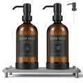 Luxspire Soap Dispenser Set, Hand Soap Dispensers with Fast Drying Tray, 17 oz Glass Refillable Liquid Bottle for Bathroom & Kitchen, Kitchen, 2 Pack, Brown + Dark Gray