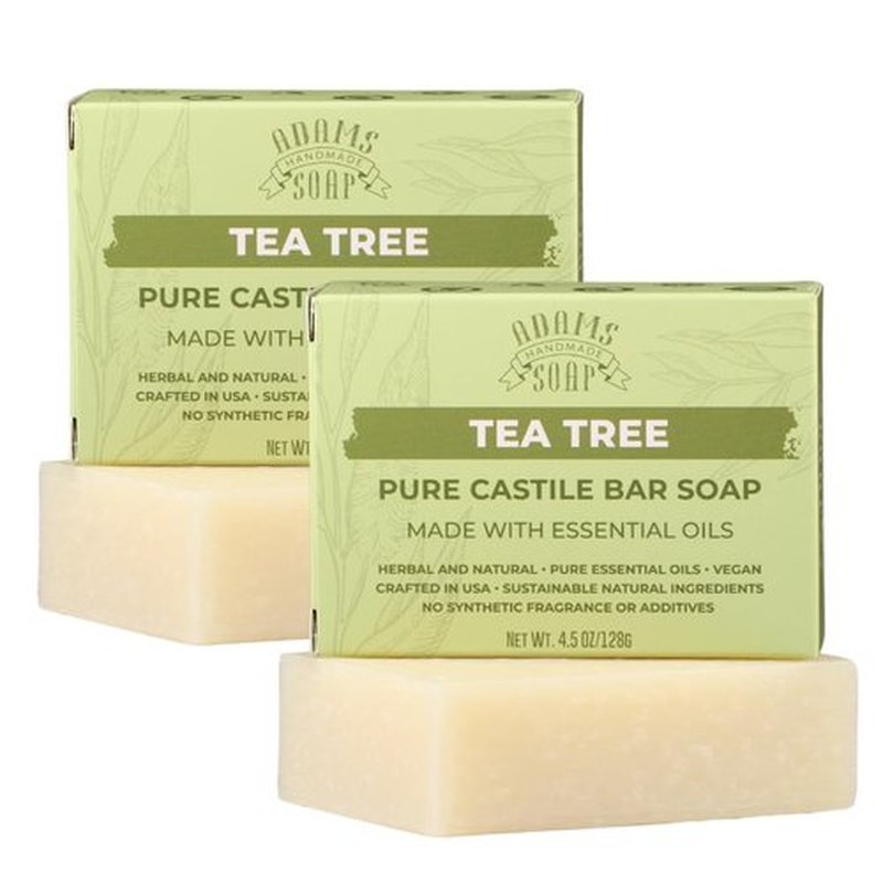 Adams Handmade Soap Tea Tree Pure Castile Bar Soap – 4.5 oz | Vegan, Cold Process, Essential Oils, 84% Organic, Fair Trade, No Additives, USA Made