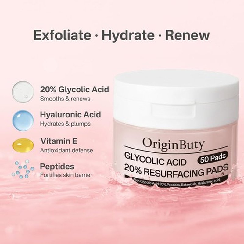 Glycolic Acid 20% Resurfacing Pads - Exfoliating Peel Pads for Radiant Skin | 50 Count with Salicylic Acid & Vitamins