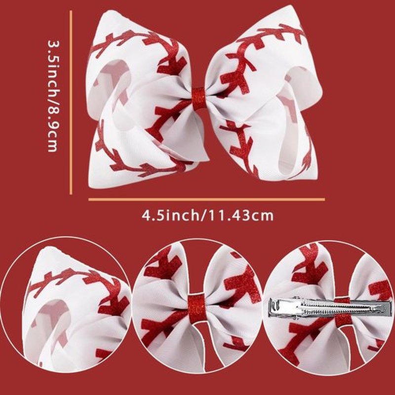 Glitter Sequin 4.5 Inch Grosgrain Ribbon Hair Clips with Baseball and Cheerleading Bows - 2PCS Alligator Clips for Girls and Toddlers