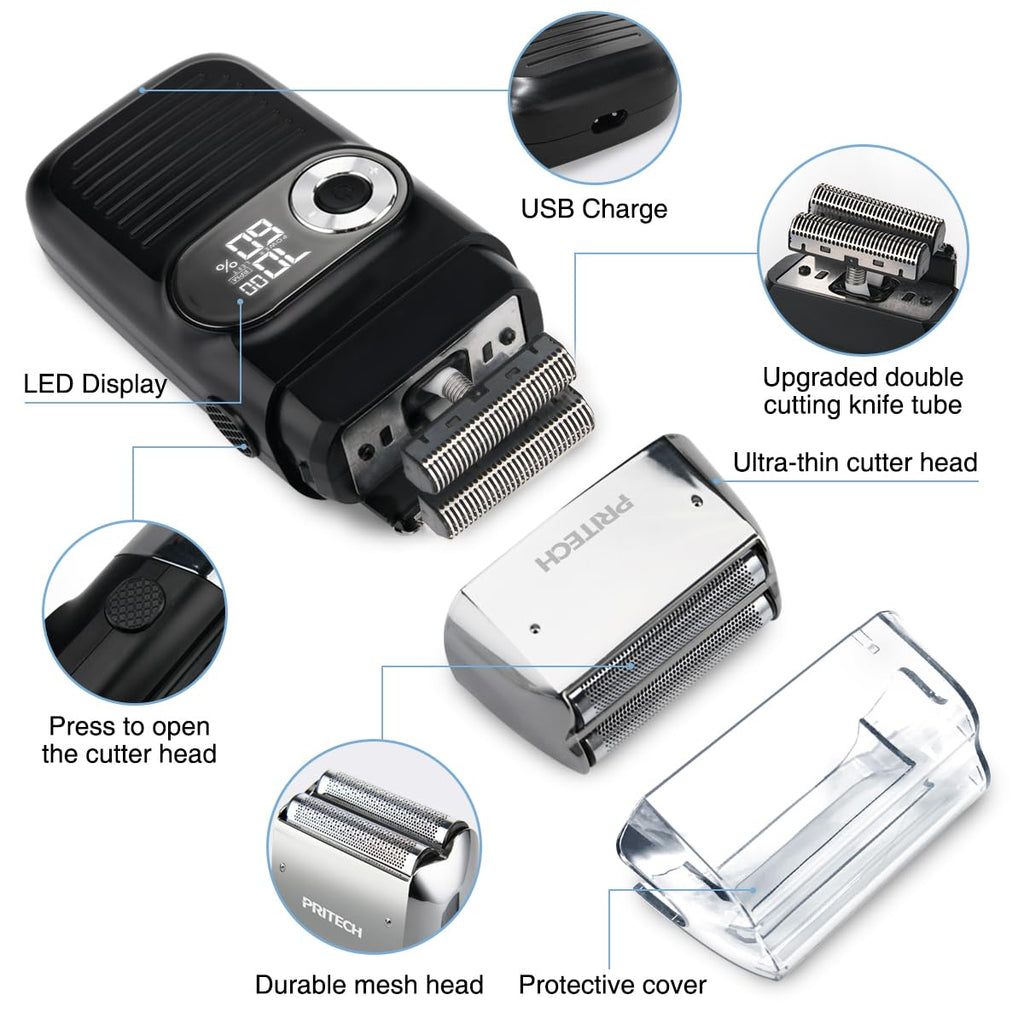 PRITECH Electric Foil and Bald Shavers 2 in 1 Double Shaver for Men Blade and Popup Beard Trimmer with Rechargeable 2 Head 3 Adjustable Speeds Men's Beard Shaver by Pritech