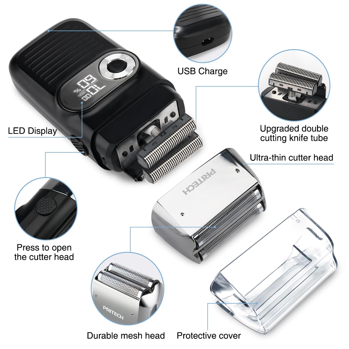 PRITECH Electric Foil and Bald Shavers 2 in 1 Double Shaver for Men Blade and Popup Beard Trimmer with Rechargeable 2 Head 3 Adjustable Speeds Men's Beard Shaver by Pritech