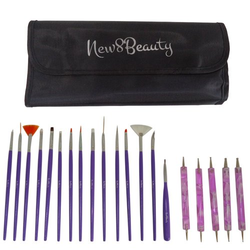 Nail Art Brushes, Dotting Pens Marbling Detailing Painting Striping Tools 20pc Kit Set with Roll-Up Pouch - Best for nail art and facial detailed painting - FREE eBook with Design Idea