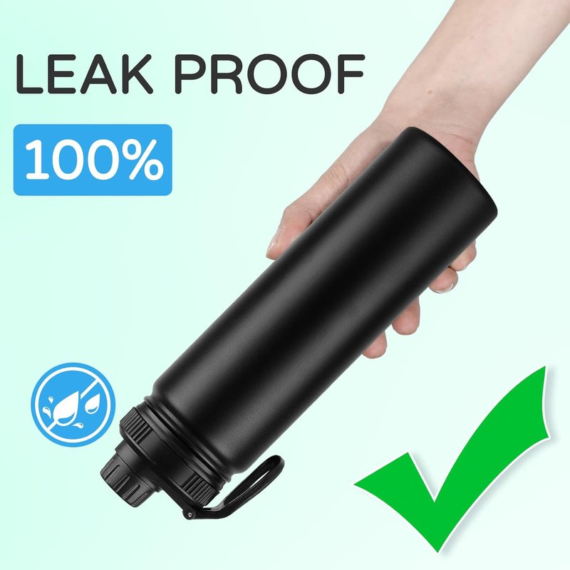 Domicare Insulated Water Bottle - 22 Oz Vacuum-Sealed Stainless Steel | Leakproof, Black, Reusable with Straw & Spout Lids