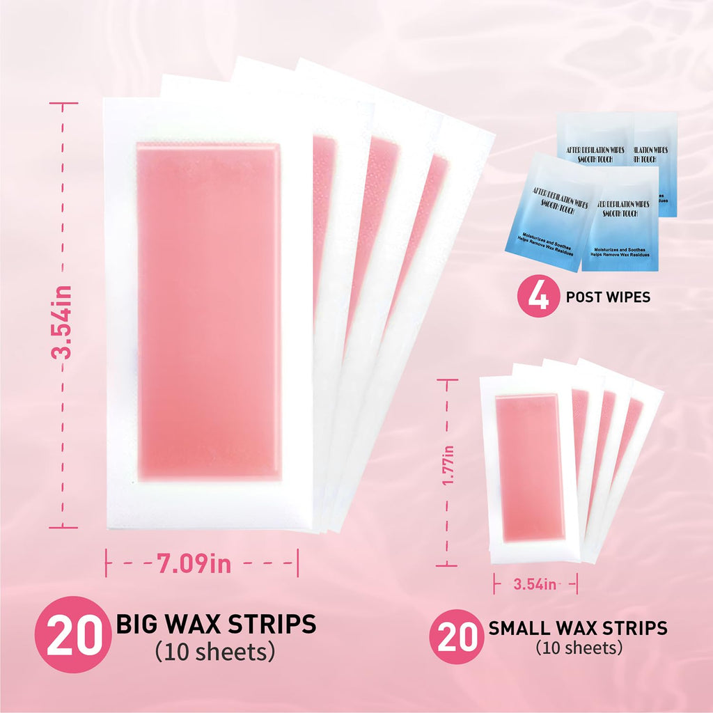 Wax Strips, 40 Pcs Wax Strips For Face & Body, Waxing Strips For Hair Removal At Home For Facial, Arms, Legs, Underarms, Bikini, Back, Women And Men (20*Big, 20*Small，4*Oil Wipes)