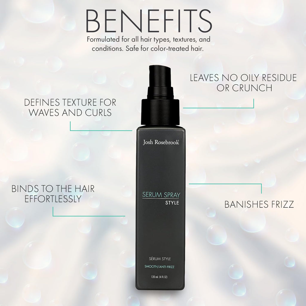 Josh Rosebrook Serum Spray - anti-frizz, wave and curl smoothing and defining hair styling spray that also performs as a nourishing, herbal-active scalp treatment - 120 mL - 4 Oz