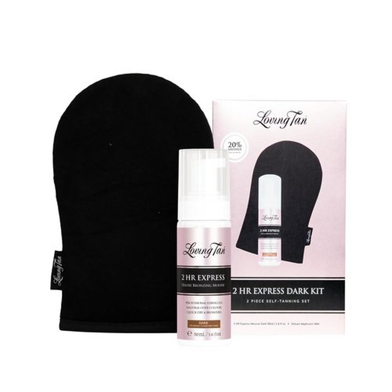 Loving Tan 2HR Express Self Tanner Kit - Dark Travel Size with Bronzing Mousse & Applicator Mitt - 1.6 Fl Oz
