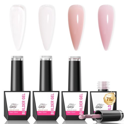 GELLAKTIK Builder Gel for Nails, 4X15ml 7 in 1 Builder Gel Nail Polish, LED Lamp Cured for Clear Rubber Base & Strengthener Extensions, Thickening, Repair (Clear, White, Nude, Pink)