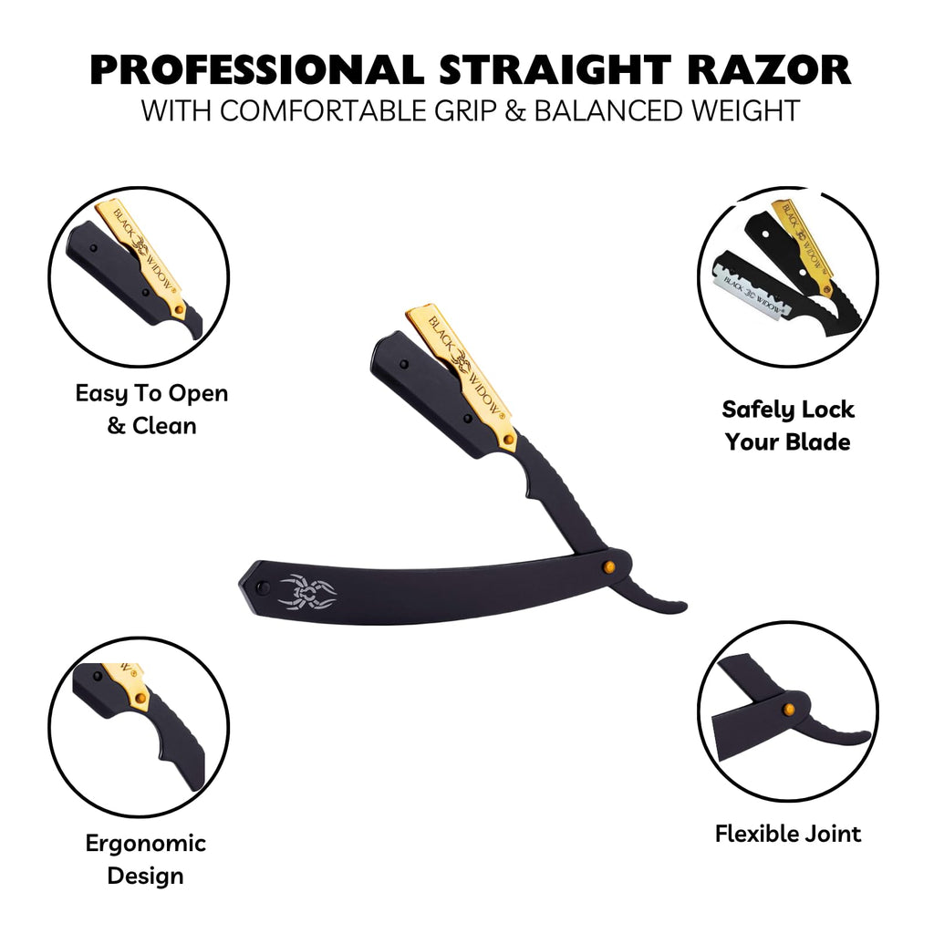 Black Widow Professional Straight Razor – Matte Black & 24K Gold plated finish Barber Razor for Men – Swing Lock Grip, Stainless Steel Shavette for Barbers & Beginners pack of 10 blades