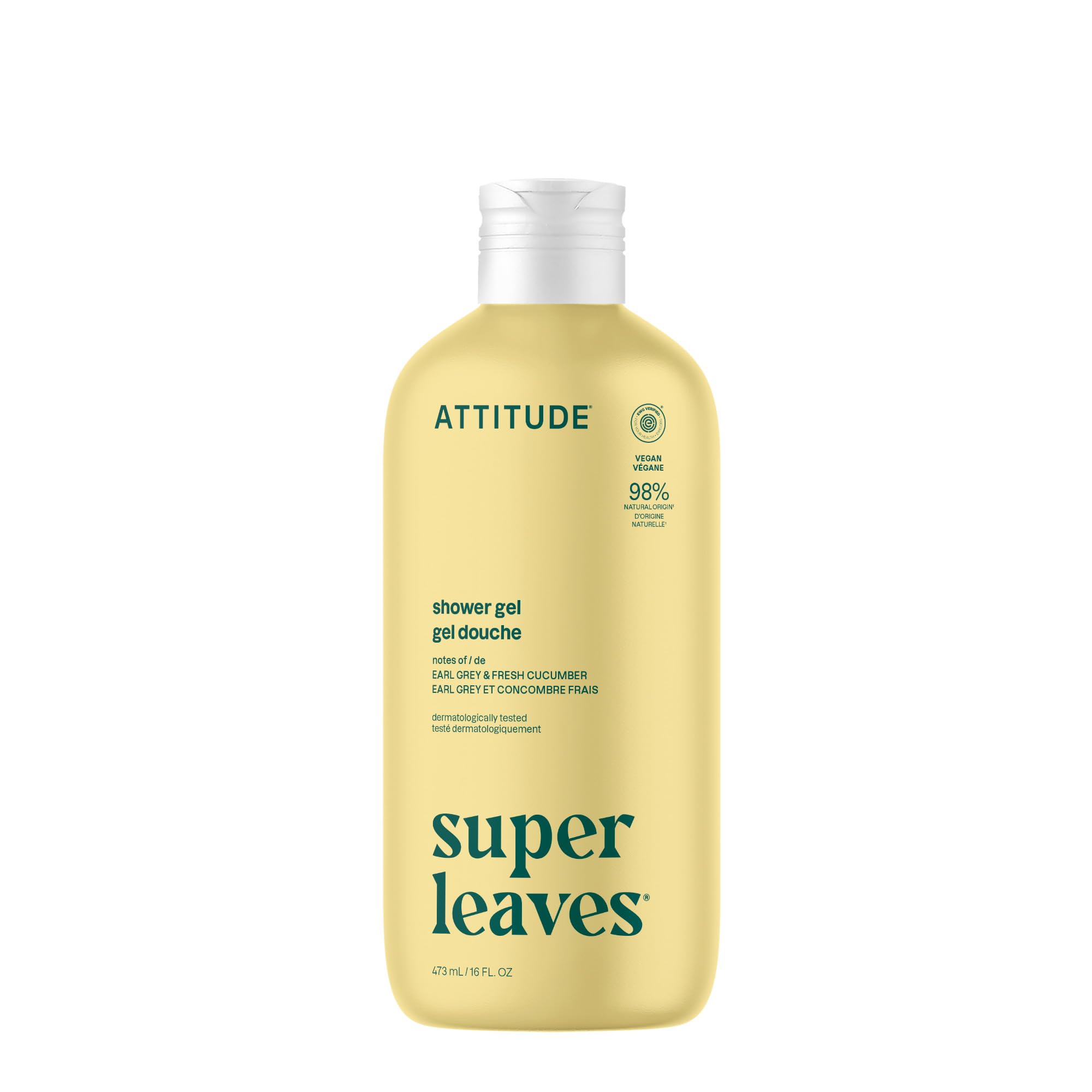ATTITUDE Body Wash, EWG Verified Shower Gel, Dermatologically Tested, Plant and Mineral-Based, Vegan Personal Care Products, Earl Grey & Fresh Cucumber, 16 Fl Oz