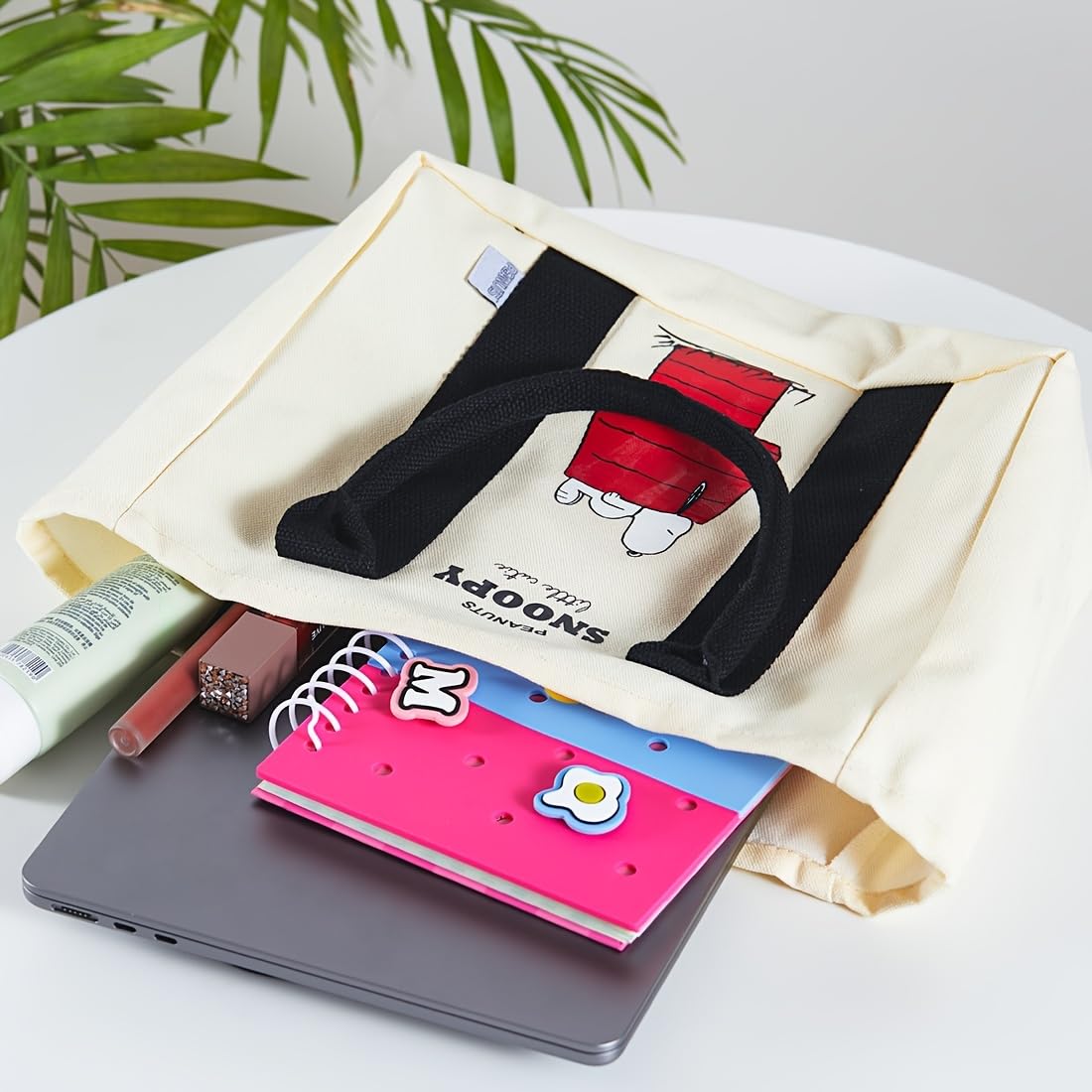 MINISO Snoopy Tote Bag,Peanuts Summer Travel Series Lightweight Canvas Handbag, 11.4" Multipurpose Use Grocery and Carry Bags for Men Women, Beige