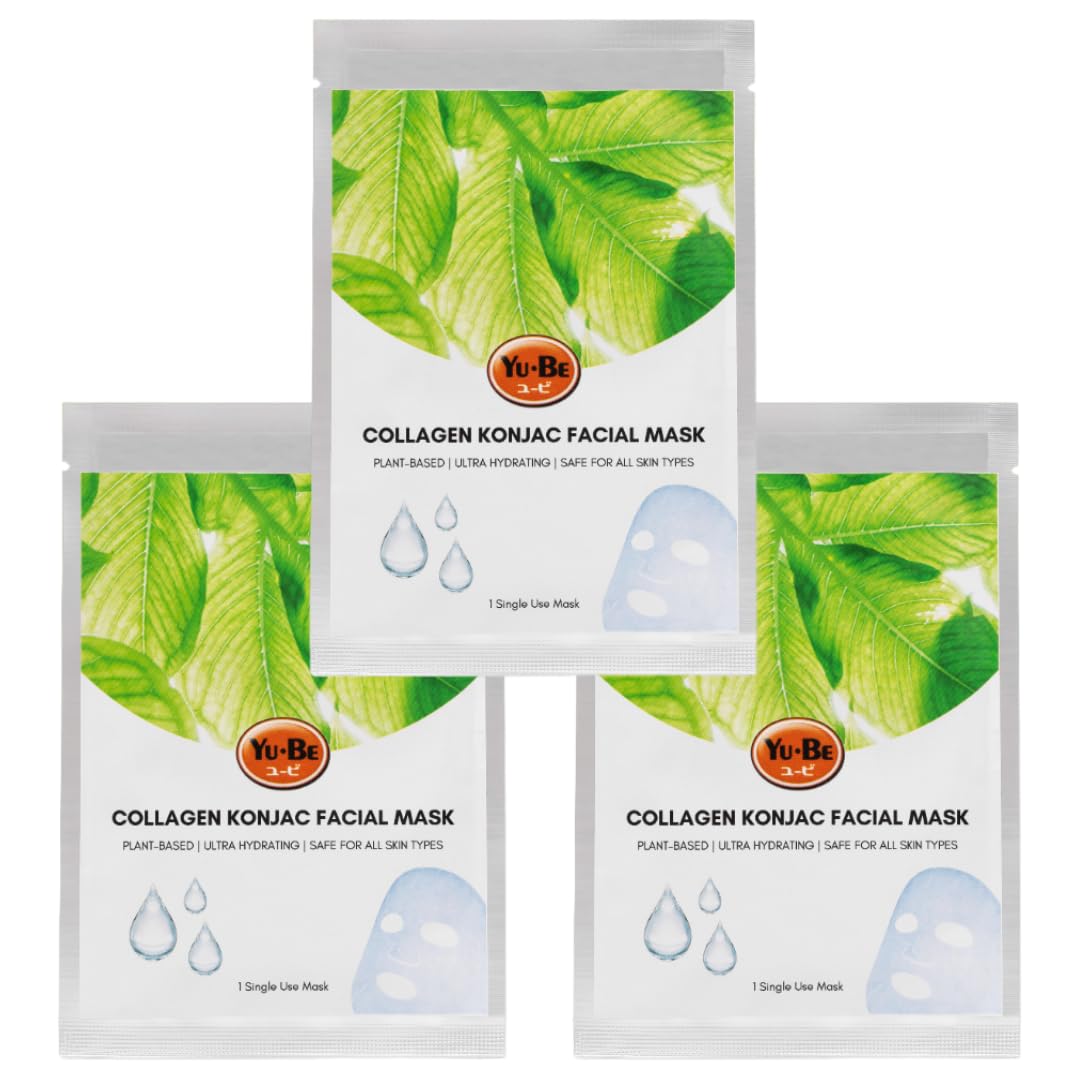 Yu-Be Facial Mask: Skin Firming Collagen | Plant-Based Konjac Sheet Mask Moisturizes, Softens, Nourishes, & Firms Mature Skin | Improves Tone & Texture | Home Spa Masks (3 sheets)