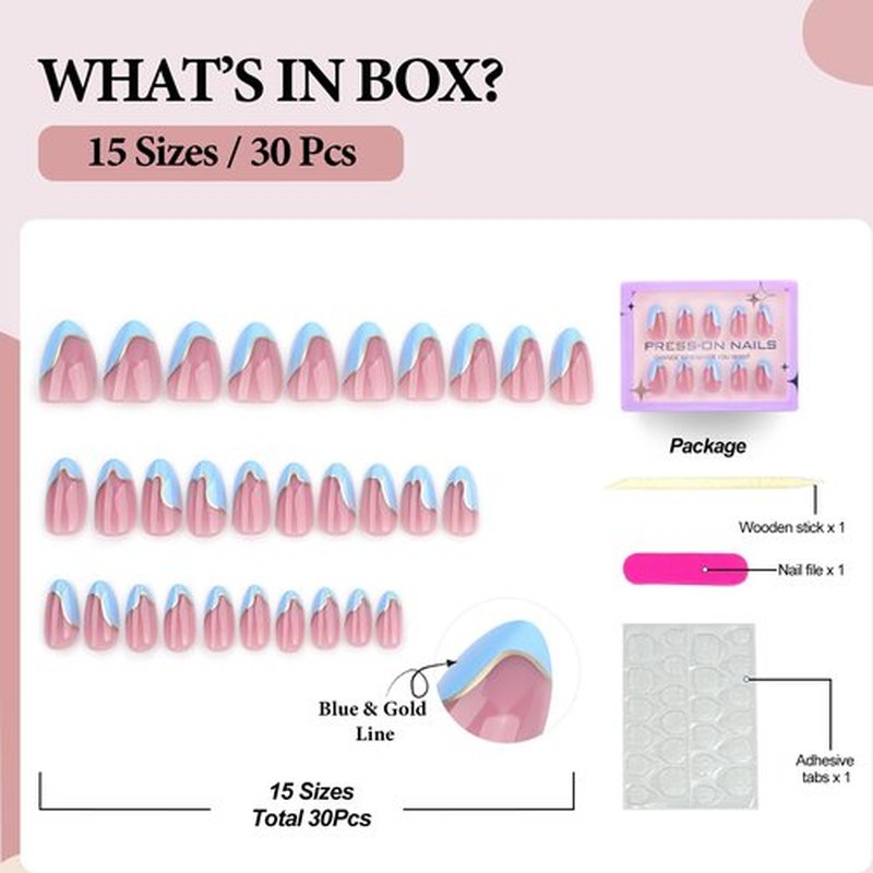 Fomkrio Blue French Tip Short Press On Nails Almond Acrylic Fake Nails with Irregular Metal Gold Line Design, Spring Summer Nails for Women Girls, 15 Sizes - 30Pcs Manicure Nail Kit