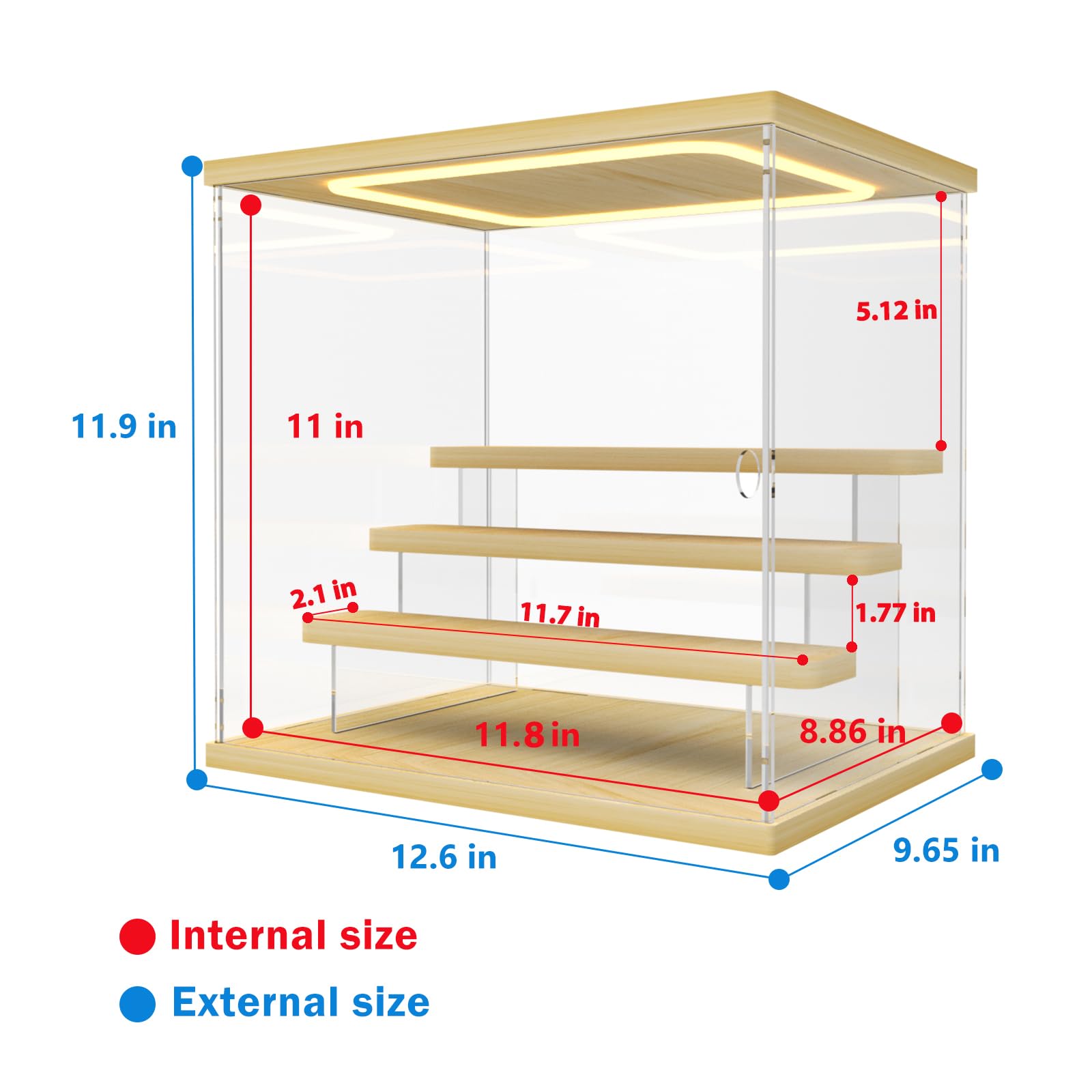 Nynelly Acrylic Lighted Display Case for Collectibles, 4 Tier Figure Display Box with Door and Steps, Assemble Dustproof LED Showcase Storage Box for Mini Figures, Funko Pop, Toys, Wood Color