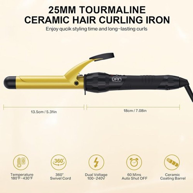 DAN Technology Curling Iron Wand - 1 Inch Tourmaline Ceramic Curler with LCD Display, Fast Heating, Black & Gold