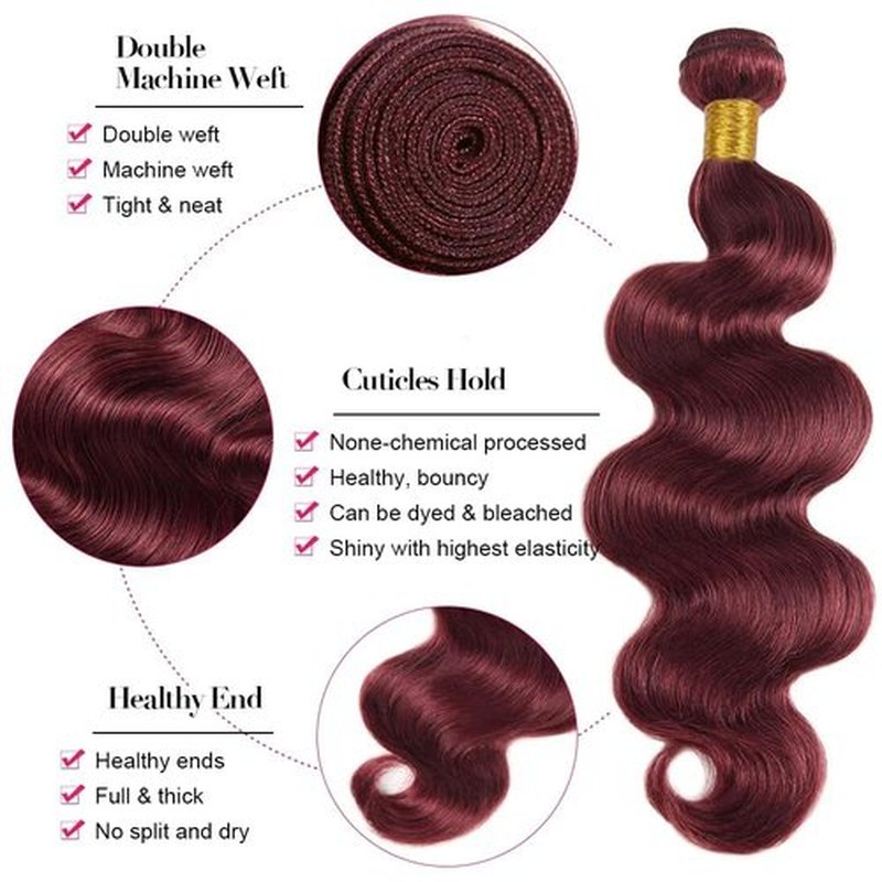 Hydtxc Bundles Human Hair Burgundy 99J 12 14 16 Inch Body Wave Human Hair Bundles Wine Red Unprocessed Brazilian Virgin Hair Double Weft Quick Weave for Black Women
