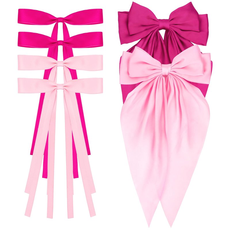 WHAVEL 6PCS Pink Hair Bows for Women, Pink Ribbon Hair Clips with Long Tail Silky Satin Bow Clips Cute Hair Accessories