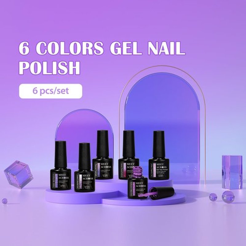 MEET ACROSS Gel Nail Polish Set 6 Pcs Glitter Colors Gel Nail Kit Art Design Soak Off UV LED (SET-12, 6pcs)