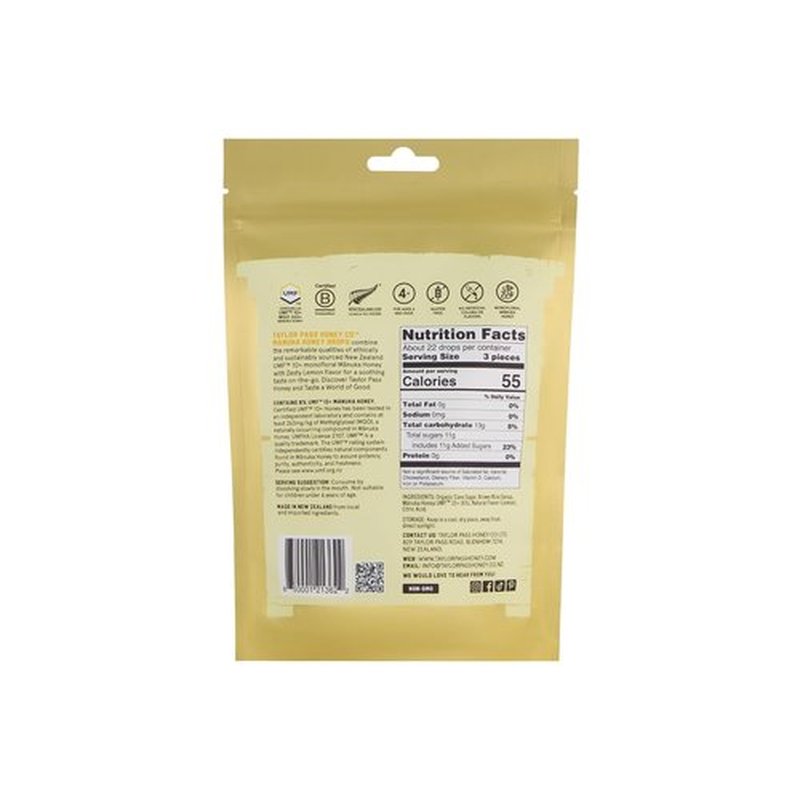 Taylor Pass Honey Co Mānuka Honey Drops UMF™ 10+ - Zesty Lemon Lozenges | Soothing On-The-Go Relief | 22 Wrapped Drops