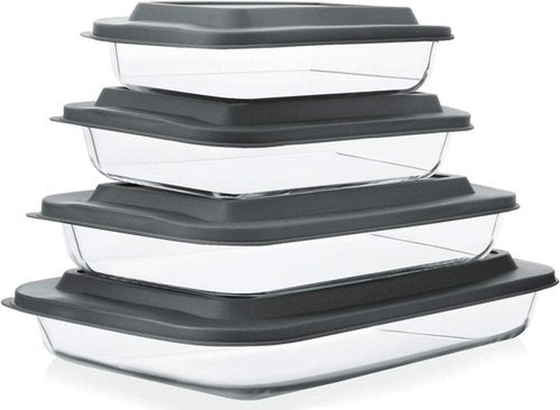 Regine Switzerland 8-Piece Deep Glass Baking Dish Set - Rectangular Bakeware with Plastic Lids | Freezer-to-Oven Safe, Gray