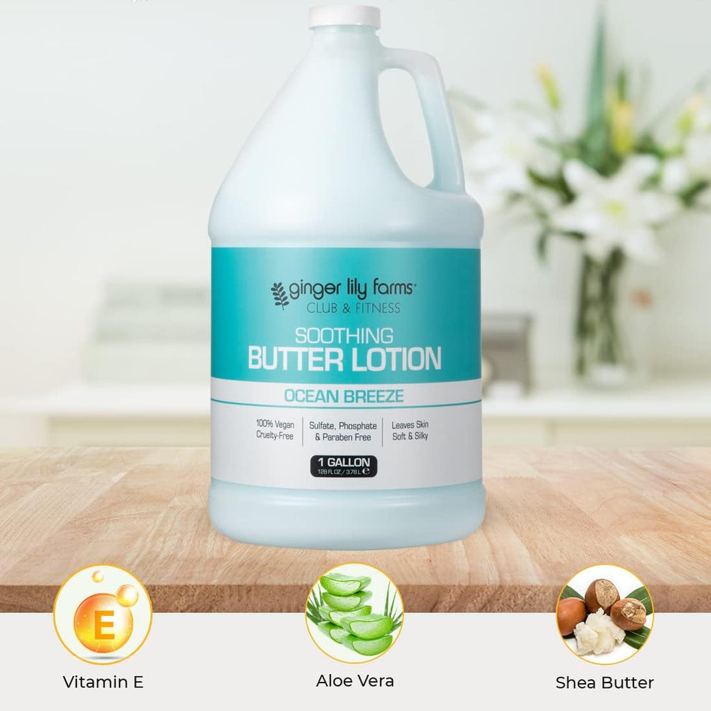 Ginger Lily Farms Club & Fitness Soothing Butter Lotion for Dry Skin, 100% Vegan & Cruelty-Free, Ocean Breeze Scent, 1 Gallon (Pack of 4)