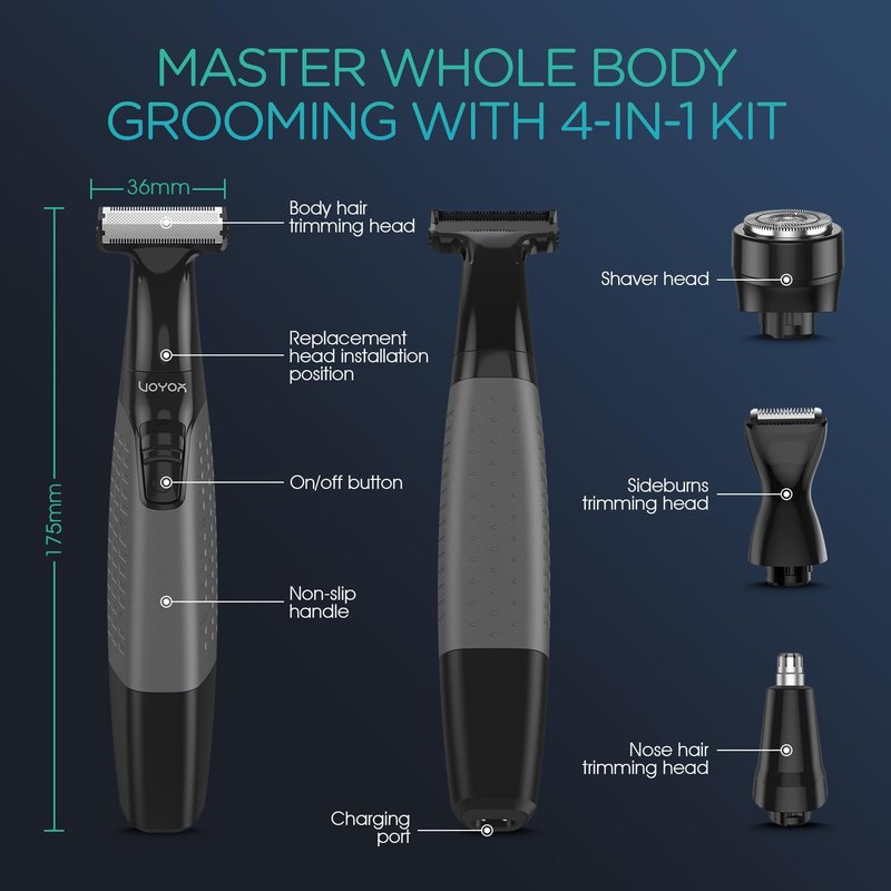 VOYOR Beard Trimmer for Men - All-in-One Rechargeable Grooming Kit | Cordless Wet/Dry Electric Razor (Grey)