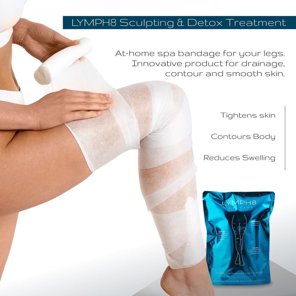 LYMPH8 Body Wrap Lymphatic Drainage & Sculpting. Cooling Effect for Legs & Stomach. Tones, Firms & Reduces Puffiness | 40 ft Pre-Soaked Wrap | Caffeine, Niacinamide, Algae Extract & Menthol