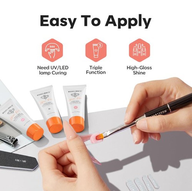 modelones Poly Nail Gel, Hema-Free 60ML Barely Pink Poly Extension Gel Nail Enhancement Thickening Sheer Pink Builder Overlays 3D Molding Home DIY Salon Use