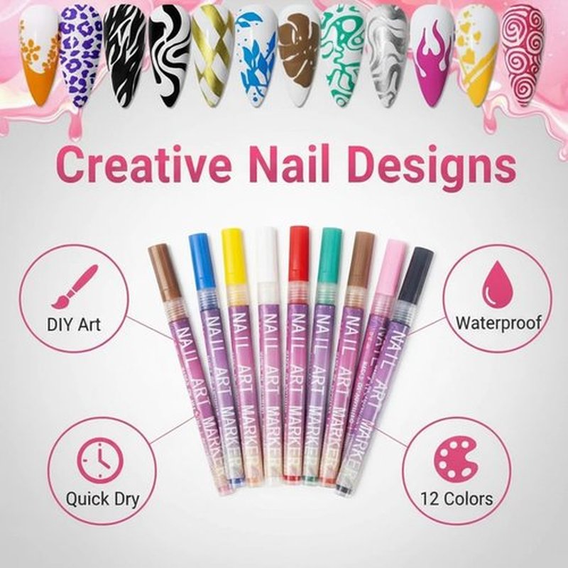 12 Colors Nail Art Pens Set, Nail Art Markers Nail Polish Pens for 3D Drawing Painting Liner Brush for DIY Nail Art Beauty Adorn Manicure Tools (Purple)