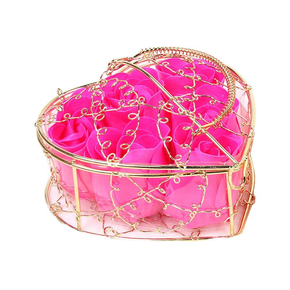 GSHLLO 6 PCS Flora Scented Bath Soap Rose Flower Petals Soap Gift with Metal Basket for Birthday Valentine Hot Pink