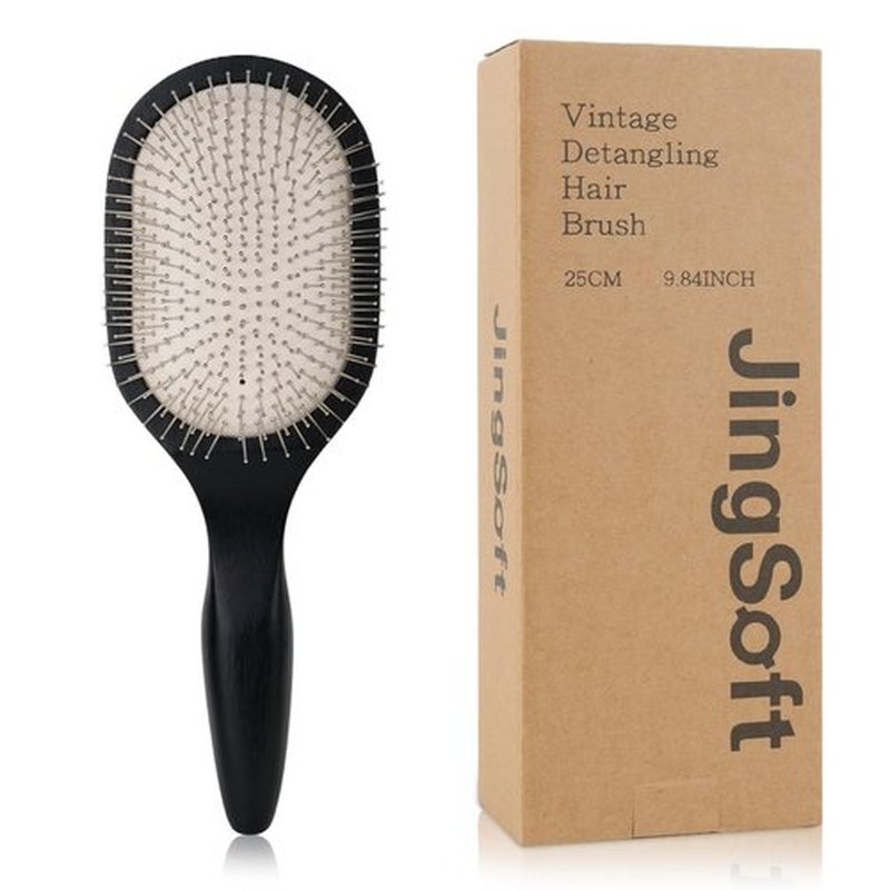 Oak Wooden Hair Brush - Anti-Static Detangler with Metal Bristles for All Hair Types | Black