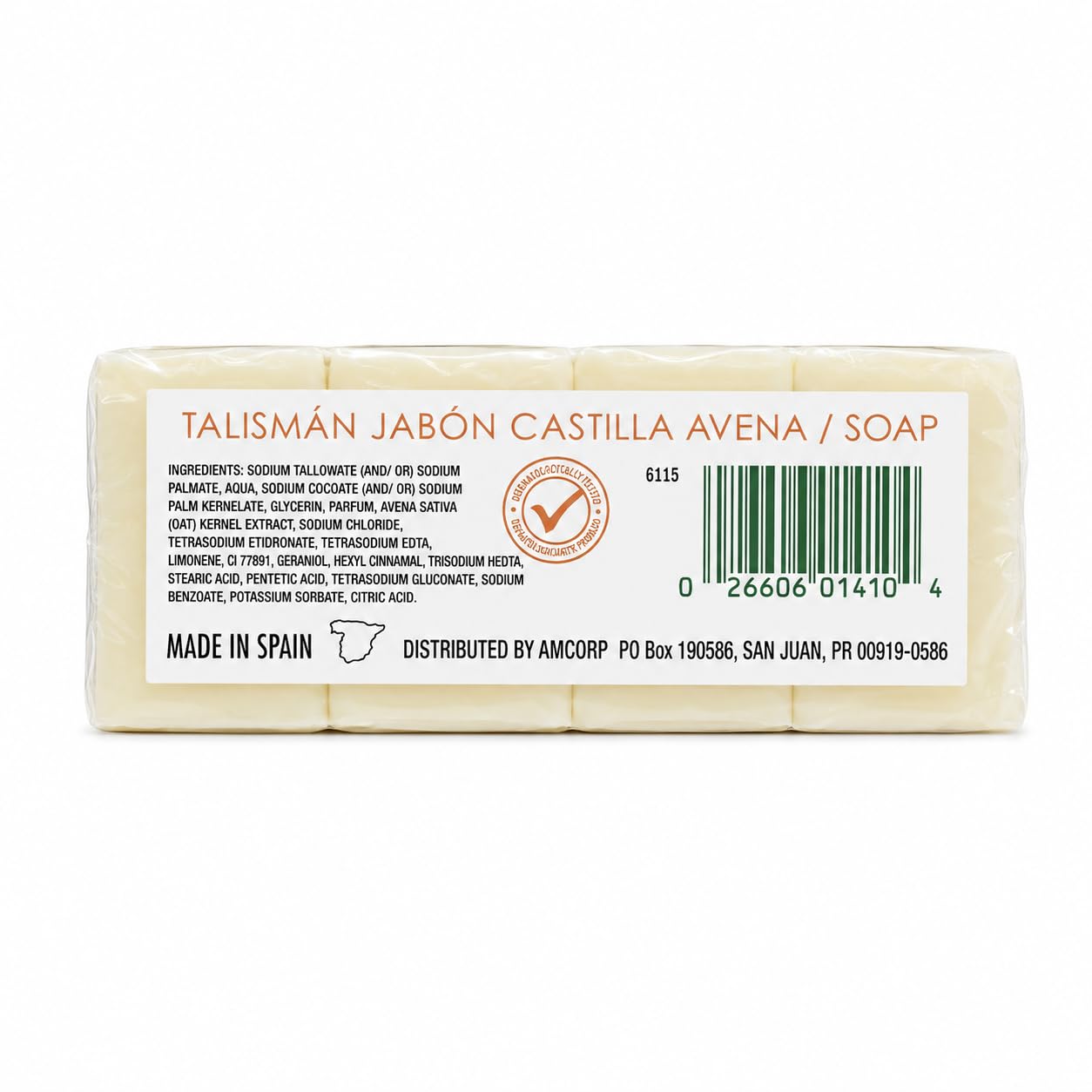 TALISMÁN Castilla Oatmeal Soap - 100% Natural and Preservative-Free for Sensitive Skin - Provides Softness and Elasticity, 2 oz Bars - 4-PACK