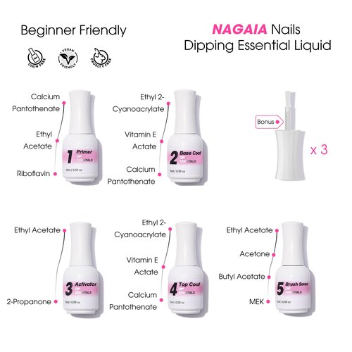 NAGAIA Premium Nail Dipping System, Dip Essential Liquid Set, All In One Dip Liquid Kit, Home & Salon Nail Dipping Manicure, Air Dry Dip Powder System, Salon Acrylic Nail Alternative, 3 Replaced Brush
