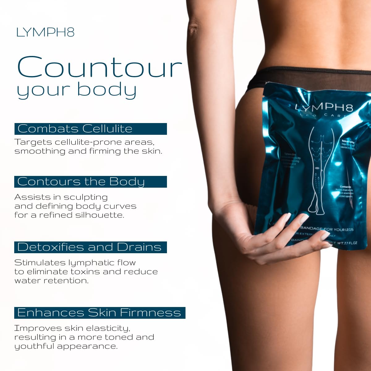 LYMPH8 Body Wrap Lymphatic Drainage & Sculpting. Cooling Effect for Legs & Stomach. Tones, Firms & Reduces Puffiness | 40 ft Pre-Soaked Wrap | Caffeine, Niacinamide, Algae Extract & Menthol