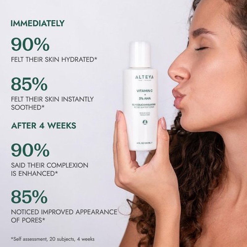 Alteya Organics Glycolic Exfoliating Rose Water Toner (Vitamin C Plus 3% AHA) - 4 Fl Oz/120mL