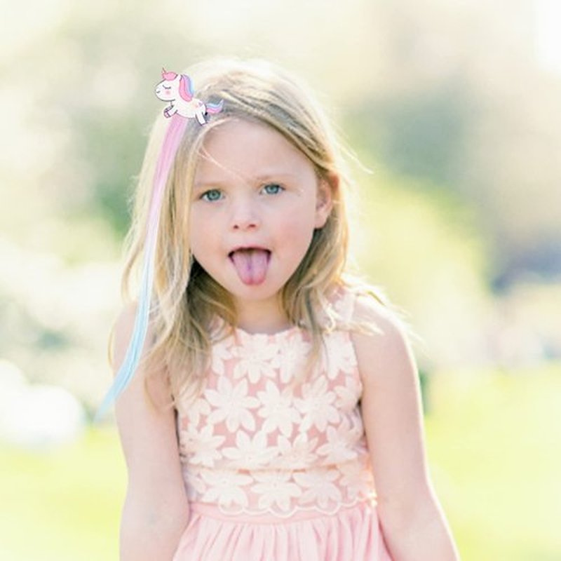 6 PCS Hair Extensions Clip - Carton Straight Curly Hairpieces Clips, Cute Unicorn Accessories Hair Extensions for Kids Ponytails Girls, Rainbow Thick Wig Clip in Fake Bangs (Curly Hair 02)
