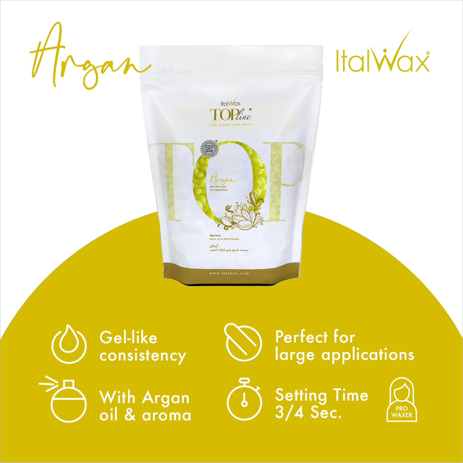 Italwax Top Line Argan Hard Wax Beads 1.65 lb (750 g) – Fast-Setting Transparent Jelly Wax Enriched with Argan Oil, Floral Scent, Strong Grip for Face & Underarms, Professional Use – Made in Italy