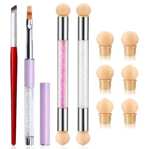 DANNEASY 4pcs Ombre Nail Brush Set with 6pcs Sponge Head, Acrylic Handle, Silicone Head, Pink, White, DIY Tools for French Nail Tip Design, Gradient Paint, Nail Pen, Manicure Brushes