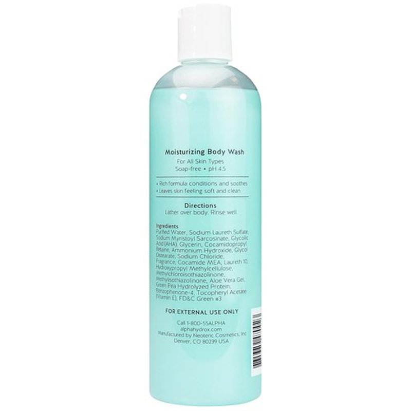 Alpha Skin Care Moisturizing Body Wash, Gentle Soap-Free Anti-Aging Formula, Glycolic AHA, Vitamin E & Aloe Vera, Conditions & Soothes, All Skin Types Hydroxy Acid, 12 Oz, Pack of 2