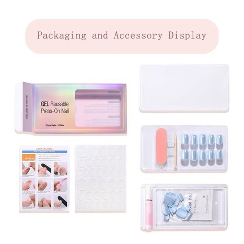 Short Square Press On Nails (Onyx) Reusable Natural Stick On Nails with Glue in 15 Sizes – 32 Soft Gel Fake Nails Kit