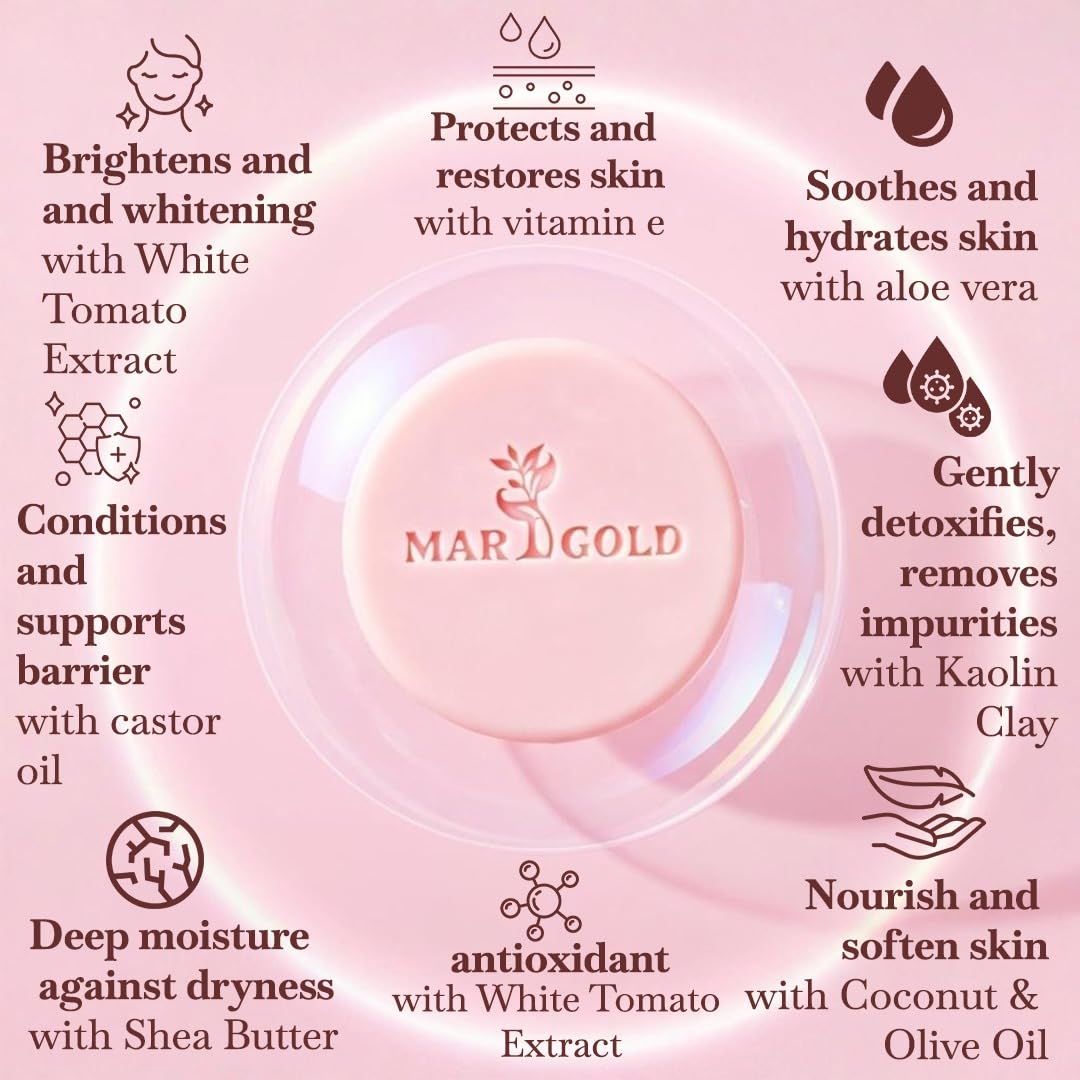Marigold glow White Tomato Facial Cleansing Bar, hyperpigmentation soap glass skin face wash with Shea Butter Coconut Oil Vitamin E, Brightening Moisturizing Face Care, 3.5 Oz Pack of 2