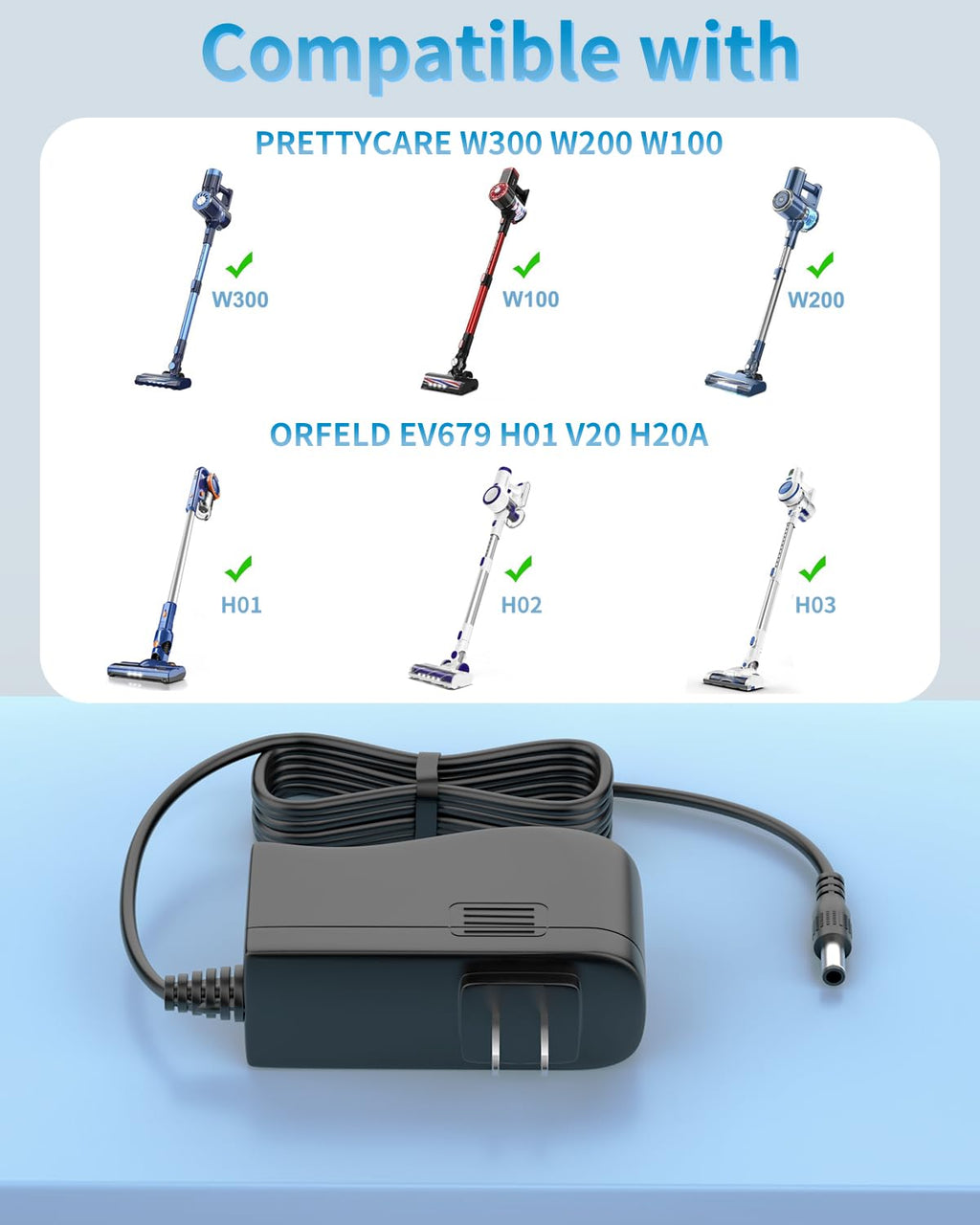 Replacment for PRETTYCARE Vacuum Charger Compatible with PRETTYCARE W100 W200 W300 W400 20KPa 22.2V 180W Power Cord Adapter for ORFELD H01 EV679 V20 EV660 EV696P Cordless Vacuum Cleaner Charger 6FT