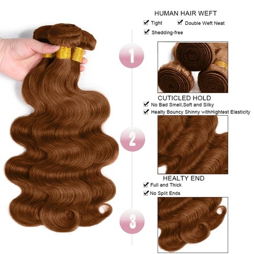 #30 Light Brown Bundles Human Hair Body Wave Bundles 22 22 22 Inch Brown Body Wave Bundle Human Hair Extensions Double Weft Unprocessed Brazilian Virgin Hair 3 Bundle 50 Grams Per Bundle