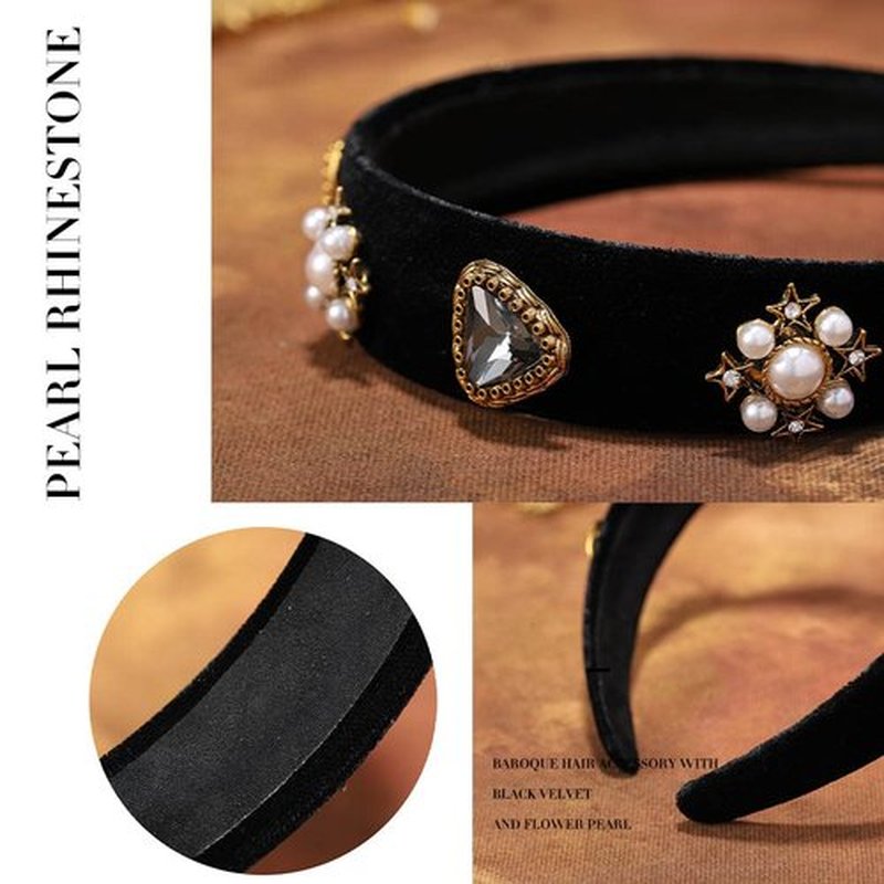 Sinalty Black Velvet Wide Headbands Rhinestone Jeweled Headband Vintage Baroque Pearl Hair Accessories for Women