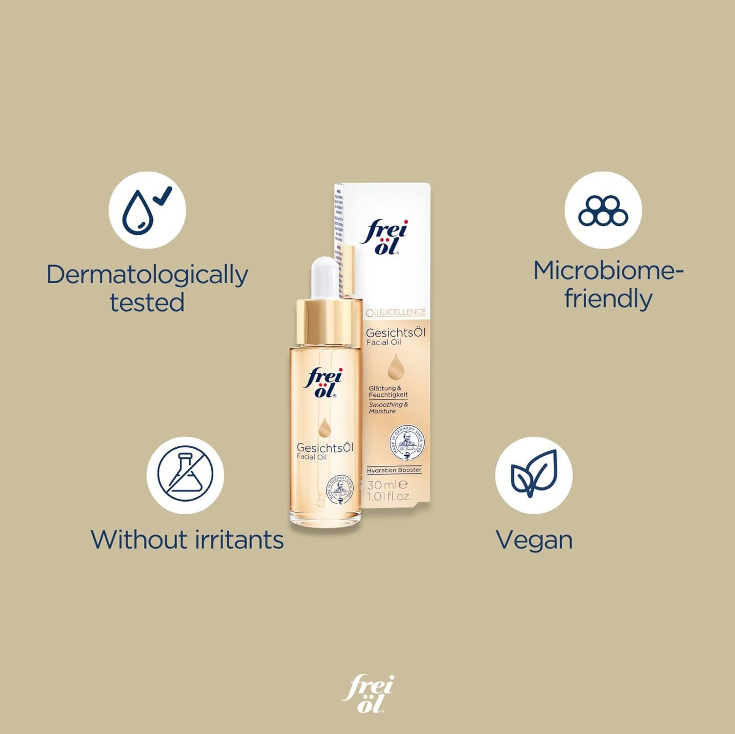 frei öl facial oil – visibly smooth skin – with vitamin E & omega-6 fatty acids – moisturising facial care – vegan – 30 ml / 1.01 fl oz